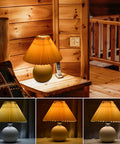 Pleated Ceramic Table Lamp With Tricolor Led Bulb For Living Room Decor on wooden nightstand, cozy ambient glow