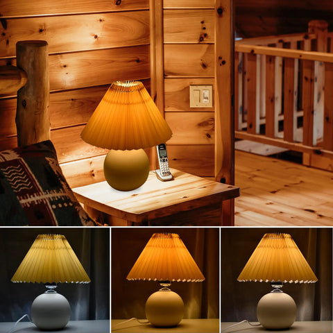 Pleated Ceramic Table Lamp With Tricolor Led Bulb For Living Room Decor on wooden nightstand, cozy ambient glow