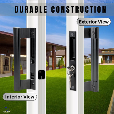 Heavy Duty Sliding Glass Door Handle Set 6 5/8 Inches Black Zinc Finish With Ergonomic Grip, interior and exterior view