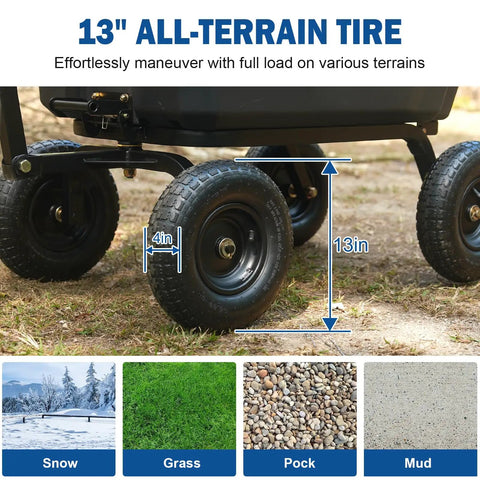 Close-up of 13-inch pneumatic tires on a Heavy Duty 1200 Lb Poly Garden Dump Cart With 7 Cu Ft Bed, showcasing all-terrain capability.