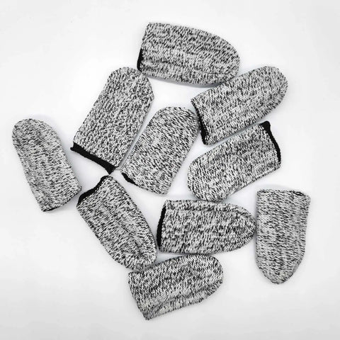 Breathable Cut Resistant Finger Cots 10 Pack Non Slip Thumb Protectors, grey HPPE fabric, top view on white background