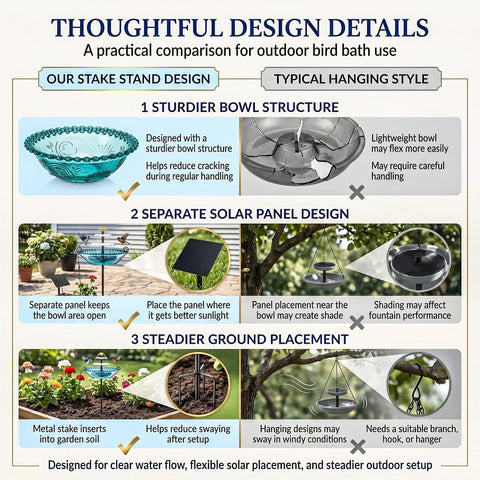 Comparison of solar powered bird bath fountain with stake stand and hanging style, highlighting sturdier bowl, solar panel, and placement.