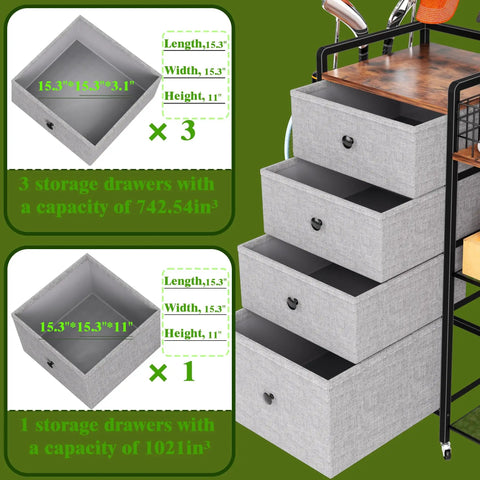 Heavy Duty Golf Bag Storage Rack For Garage Fits 3 Full Size Bags With 4 Drawers, shown with storage dimensions illustration.