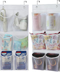 Two Pack Narrow Over The Door Shoe Organizer With Clear Mesh Pockets for storing toiletries and snacks, white material