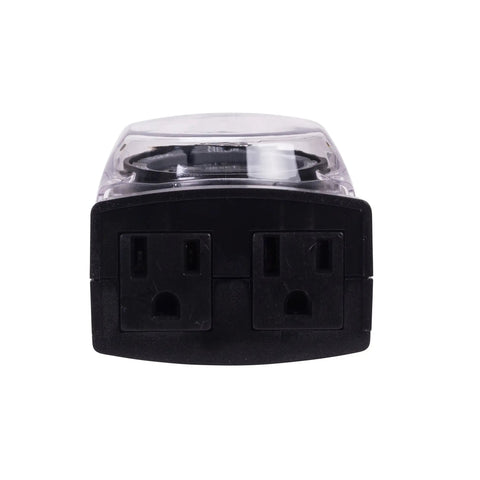 Heavy Duty Outdoor Digital Plug And Play Timer With 15 Amp Capacity And Slick 24 Hour Seven Day Programmable Schedule For Yard Sprinkler And Landscape Lighting Controllers - front view with dual outlets