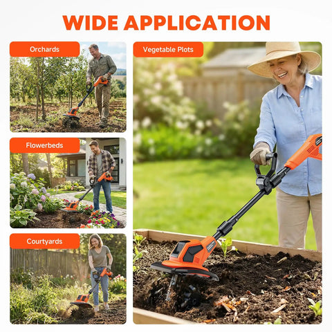 Cordless Garden Tiller Cultivator with 21V Battery Lightweight Rototiller in action across various garden settings