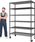 Heavy Duty Six Tier Rolling Storage Shelves With Industrial Swivel Wheels For Garage Organization And Vertical Shelving Setup Hella Tough Metal Rack with a man in work attire.