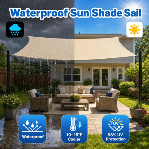 Beige 9.5 Foot By 9.5 Foot Square Shade Sail Canopy Waterproof Outdoor Sun Shade For Backyard Patio Garden Carport With 95 Percent UV Blockage And Water Resistant Durable Double Stitched Fabric Easy Setup No Fuss