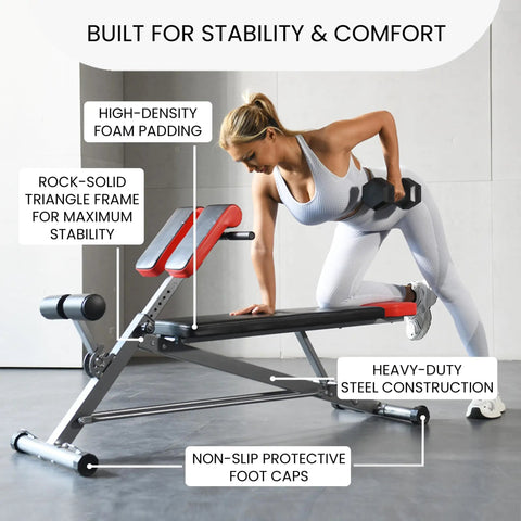 Woman using All In One Adjustable Weight Bench For Full Body Home Gym Workouts With Bench Press Back Extension Roman Chair Sit Ups Core And Glute Training For Real Gains Heavy Duty Frame Smooth Adjustments And Sturdy Support