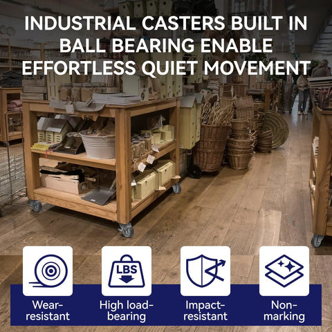 Heavy Duty Rubber Caster Wheels Set Of Four With 1000 Pound Capacity Non Marking Industrial Grade Replacement Casters For Cart Dolly Trolley showcasing industrial casters on a wooden cart.