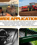 Collage showing uses of Six Sizes Black Zinc Plated Hitch Pins R Clips Kit With 145 Pcs, including tractors and trailers.