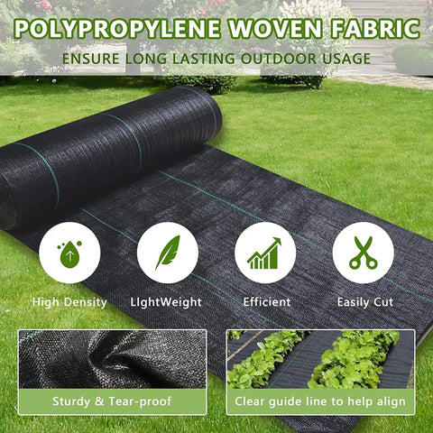 Heavy Duty Weed Barrier Landscape Fabric 3 Ft Wide By 300 Ft Long Ground Cover Mat in garden showing roll and features