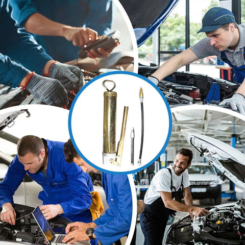 High Pressure Lever Style Grease Gun With 28.5cm Flexible Whip Hose in mechanics' workshop setting