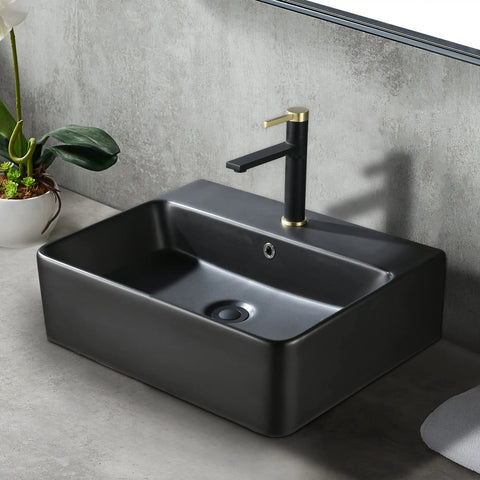 Black Ceramic Rectangular Wall Mount Sink 21 By 17 Inches Vessel Style Bathroom Vanity, shown with faucet installed