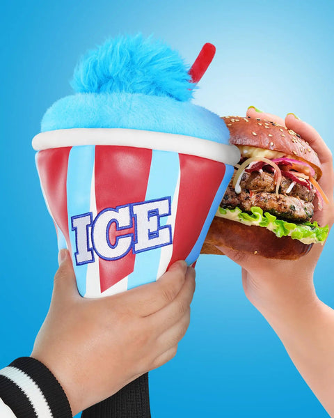 Ice Slushie Cup Golf Driver Cover 460cc Head Cover For Golf Clubs, Funny Milk Shake Ice Cream Theme in blue and red held by hand