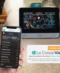 WiFi Pro Weather Station With Indoor And Outdoor Sensors For Real Time Temp Humidity Wind Speed And Rain Tracking, Alerts, And Easy Home Weather Monitoring System displayed with smartphone app showing weather data.