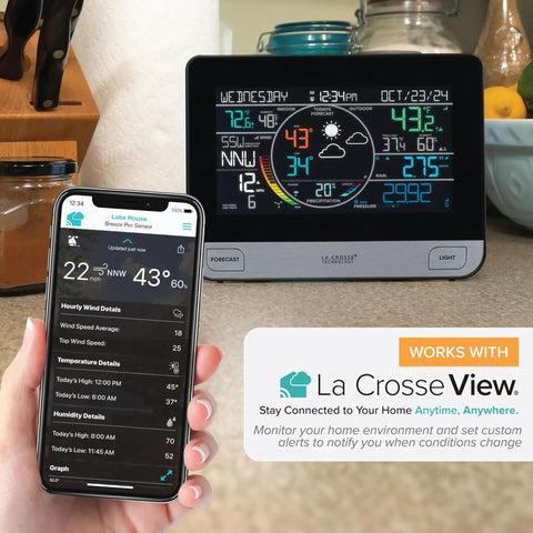 WiFi Pro Weather Station With Indoor And Outdoor Sensors For Real Time Temp Humidity Wind Speed And Rain Tracking, Alerts, And Easy Home Weather Monitoring System displayed with smartphone app showing weather data.