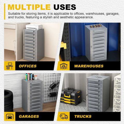 Lockable 9 Drawer Steel Parts Cabinet, Fully Assembled Welded Steel Construction for Tough Job Sites, 12.8W X 11.81D X 23.7H Inches, Built Like a Tank Heavy Duty Tool Organizer for Service Truck, Garage, or Workshop, Gray in office, warehouse, garage, and truck use