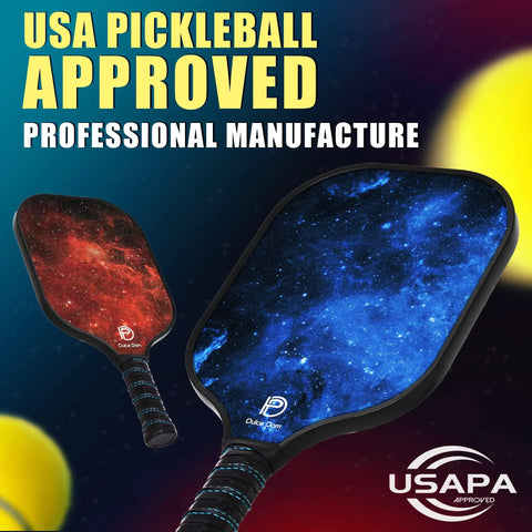 Lightweight USAPA Approved Pickleball Paddles Set with blue and red pattern design shown with USAPA certification badge