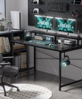 47 Inch Small Computer Desk With Monitor Stand And Headphone Hook Space Saving Home Office Desk For Gaming Study Or Writing Ideal For Small Rooms And Kids Bedroom Black, showcasing dual monitor setup and X-brace.