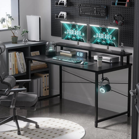47 Inch Small Computer Desk With Monitor Stand And Headphone Hook Space Saving Home Office Desk For Gaming Study Or Writing Ideal For Small Rooms And Kids Bedroom Black, showcasing dual monitor setup and X-brace.