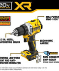 20V Max XR Brushless Cordless One Half Inch Drill Driver Tool Only With Anti Rotation System shown with features labeled