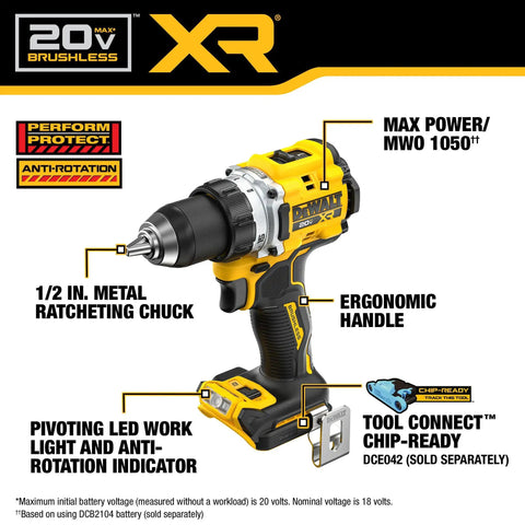 20V Max XR Brushless Cordless One Half Inch Drill Driver Tool Only With Anti Rotation System shown with features labeled