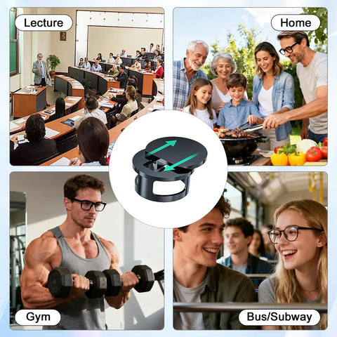2 Pack LED Light Blocking Covers For Meta Smart Glasses showcased in various settings: lecture, home, gym, bus/subway.