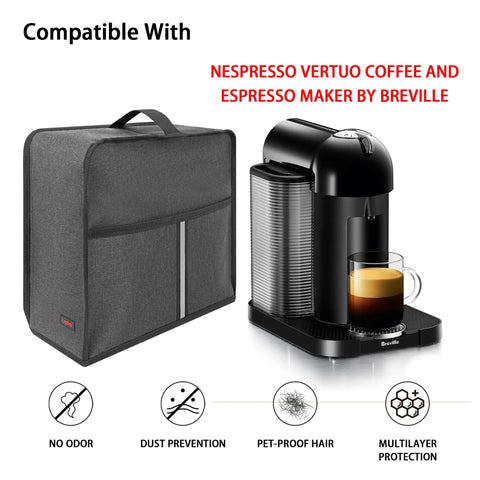 Durable Dust Cover For Nespresso Vertuo Coffee And Espresso Maker By Breville, shown next to coffee maker, dark gray with pockets