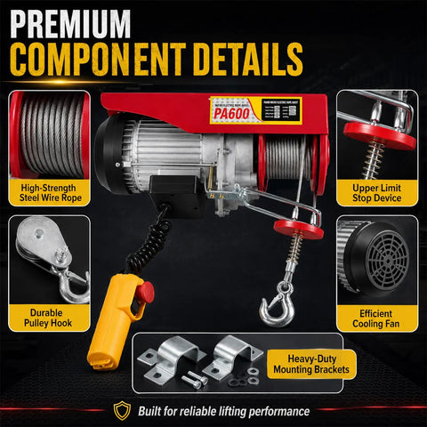 1320 Lbs Powerful Mini Electric Hoist With 1200W 110V Winch Crane showing components like steel wire rope and pulley hook