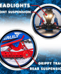 Close-up of Switchback Assault RC Beast With Dual Ski System 2.4GHz RTR showing headlights, front suspension, track, and rear suspension.
