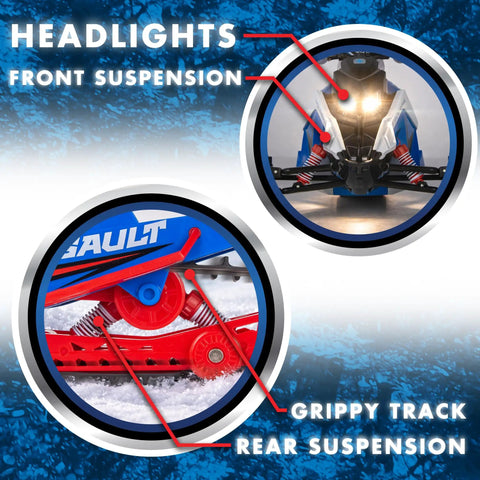 Close-up of Switchback Assault RC Beast With Dual Ski System 2.4GHz RTR showing headlights, front suspension, track, and rear suspension.