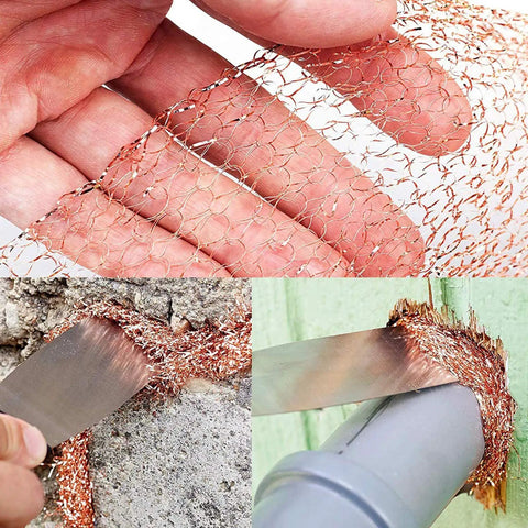 Copper Mesh For Rodent Control 5 Inches By 48 Inches Woven Pure Copper Wire Mesh shown blocking gaps and sealing holes.