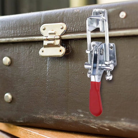 Silver Toggle Latch Clamp Set, U Bolt Toggle Latches on a brown trunk, 360 Lb Holding Capacity, 4.75 Inch Adjustable Hardware