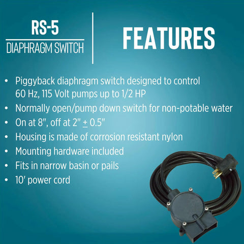 RS 5 115 Volt Piggyback Diaphragm Pump Down Switch For Sump Or Utility Pumps With 10 Foot Cord Black product image with features list