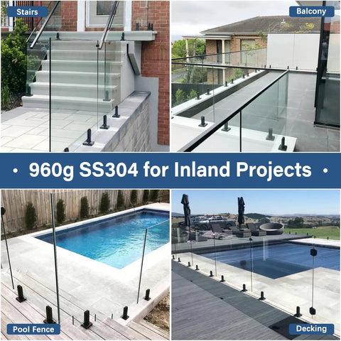 Heavy Duty Glass Railing Spigots 2.1lb T304 Stainless Steel Frameless Clamp Bracket Black Built To Last For Pool Fence Deck Balusters Balcony Patio Stairs Indoor Outdoor Wind Safe And Secure installed on stair railing, balcony, pool fence, and deck.