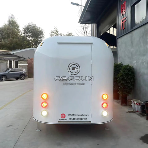 Heavy Duty Polished Mirror Food Trailer With Foldout Awning Fully Customizable Layout rear view with lights and branding.