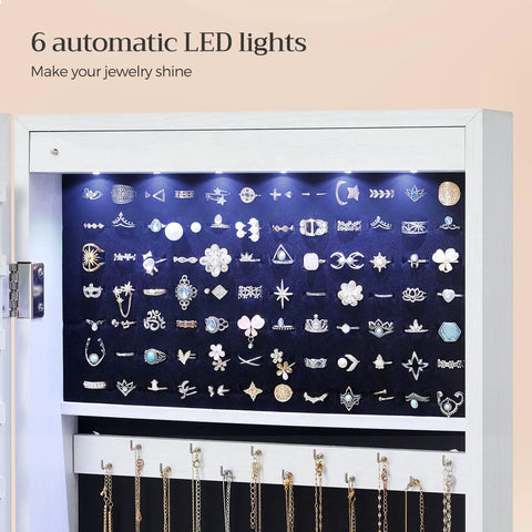 Image of Straight Up Premium Wall Or Door Mounted Jewelry Cabinet With Full Length Mirror showing six LED lights illuminating organized rings and necklaces.