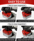 Heavy Duty 180 Lb On Off Magnetic Welding Square Base showing easy usage steps for opening and closing magnetism controls.