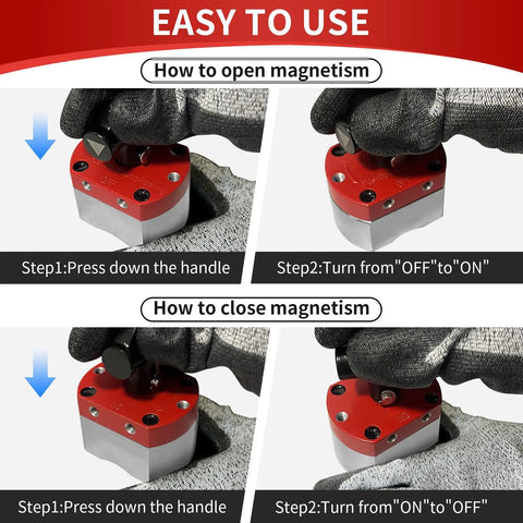 Heavy Duty 180 Lb On Off Magnetic Welding Square Base showing easy usage steps for opening and closing magnetism controls.
