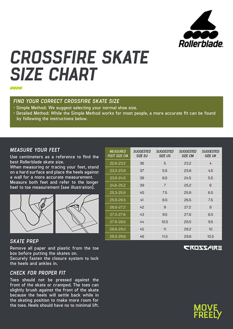 Crossfire Skate Size Chart with shoe measurements and fitting instructions for Crossfire Slalom Inline Skates For Adults Black Urban Performance Gear Secure Fit With Canting Cuff Anatomical Tongue And Plush Padding Easy 45 Micro Adjustable Buckle For Precision Control Ride Ready.