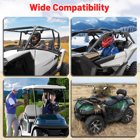 UTV Gun Holder Roll Bar Rack Fits One Inch One And A Half Inch One And Three Quarter Inch And Two Inch Roll Bars Heavy Duty Versatile Gun Mount For Polaris RZR Ranger Can Am Kawasaki Snowmobile Golf Cart shown in various vehicles.