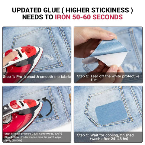 20 Pack Iron On Patches For Clothes Quick Jeans Repair No Sew Needed Fix Holes And Tears In High Wear Areas Like Inner Thighs Easy Iron On Patches For Denim Jackets Jeans And More application instructions with iron and denim