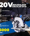 Heavy Duty Brushless Cordless Circular Saw With Twenty Volt Max Motor cuts through lumber displaying features and design.