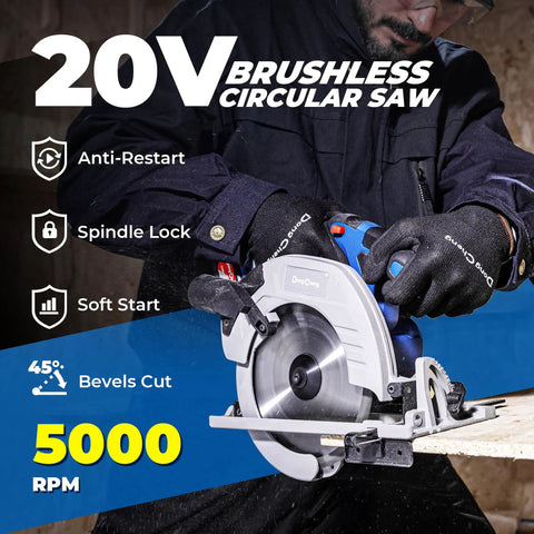 Heavy Duty Brushless Cordless Circular Saw With Twenty Volt Max Motor cuts through lumber displaying features and design.