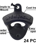 Twenty Four Pack Matte Black Cast Iron Bottle Opener Wall Mounted Heavy Duty Steel Cap Remover detail with screw and labels.