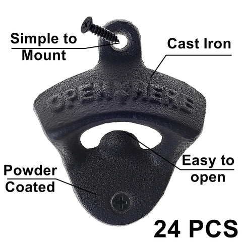Twenty Four Pack Matte Black Cast Iron Bottle Opener Wall Mounted Heavy Duty Steel Cap Remover detail with screw and labels.