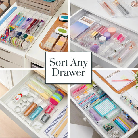 SimpleSort 10 Piece Stackable Clear Drawer Organizer Set with Multi Size Trays for Makeup Vanity and Office Desk Storage