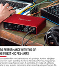 Scarlett 8i6 Third Gen USB Audio Interface For Recording, Songwriting, And Streaming on desk with cables and headphones