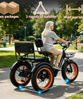 Adult Folding Electric Tricycle With Passenger Seat And Wide Tires 350W Motor 750W Peak Up To 20 MPH 25 To 30 Mile Range 48V 15Ah Aluminum Frame 7 Speed Three Wheel E Trike For All Day City Cruising with rear passenger seat and basket